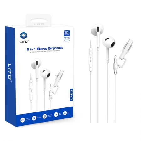 Écouteurs filaires LITO LF03 2 en 1 Type C vers 3,5 mm pour téléphones portables 
