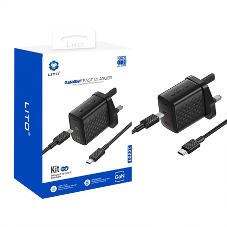 Chargeur rapide LITO LC23 45W double USB-C GaN avec prise britannique pour une charge de voyage plus rapide et sécurisée 