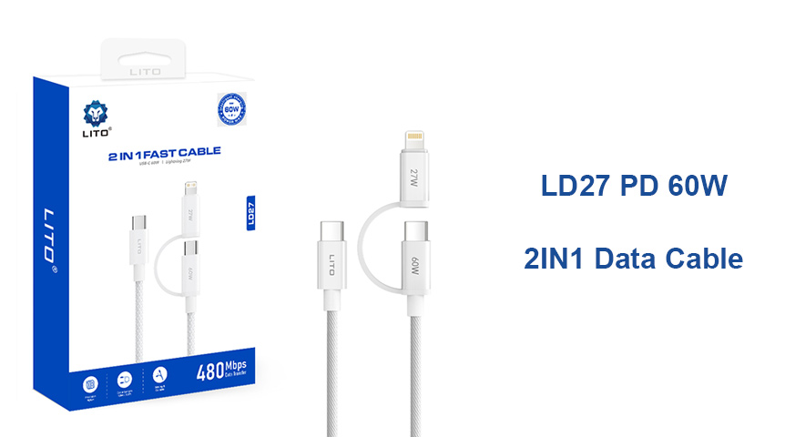 Câble de charge rapide LITO LD27 60 W 2 en 1 pour USB-C et Lightning